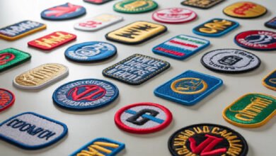 A number of embroidered patches placed on a white surface.