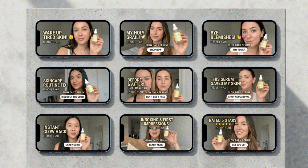 A grid of multiple smartphone screens showing variations of a UGC-style video ad for A/B testing