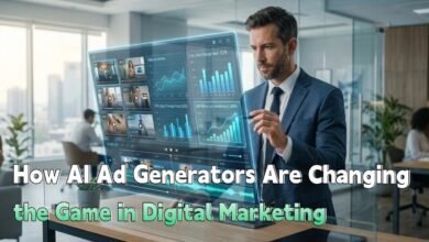 : A marketing professional analyzing AI-generated ad performance on a futuristic dashboard